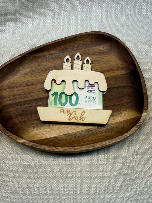 Geldgeschenk aus Holz mit Gravur Motiv Torte für Dich
