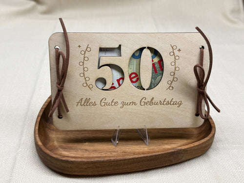 Geldgeschenk aus Holz „50. Geburtstag“