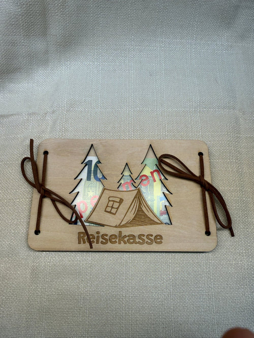 Geldgeschenk aus Holz „Camping – Reisekasse“
